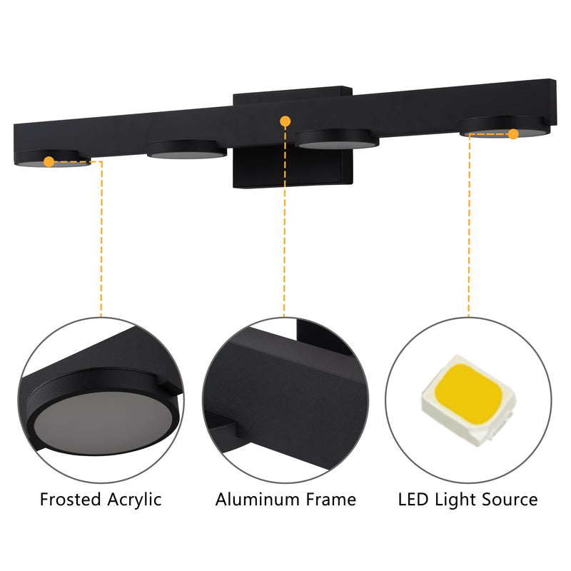 4-Light Black Aluminum LED Vanity Light with Frosted Acrylic Shade
