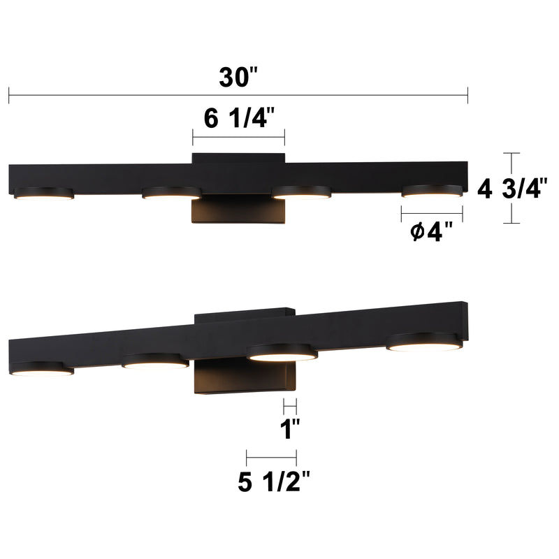 4-Light Black Aluminum LED Vanity Light with Frosted Acrylic Shade