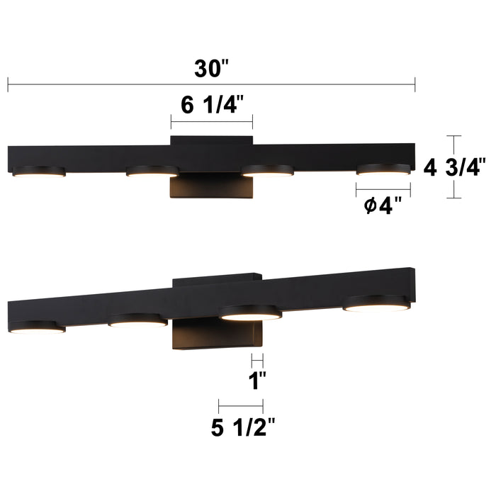 4-Light Black Aluminum LED Vanity Light with Frosted Acrylic Shade