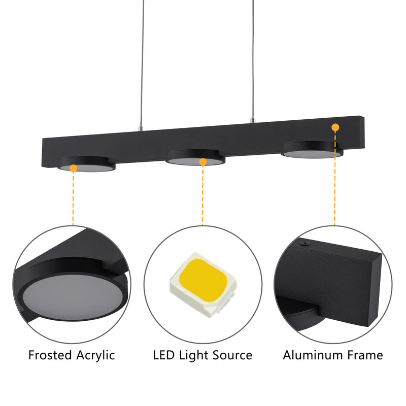 3-Light Black Modern Aluminum Dimmable LED Pendant Light with Acrylic Shade