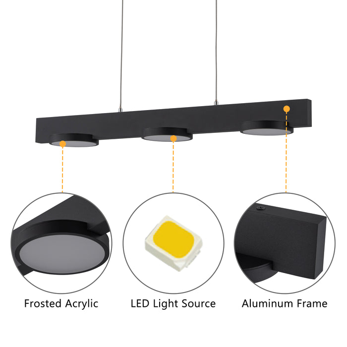 3-Light Black Modern Aluminum Dimmable LED Pendant Light with Acrylic Shade