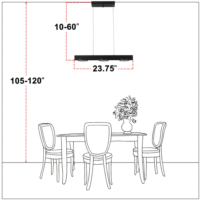 3-Light Black Modern Aluminum Dimmable LED Pendant Light with Acrylic Shade