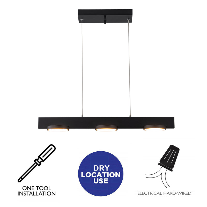 3-Light Black Modern Aluminum Dimmable LED Pendant Light with Acrylic Shade