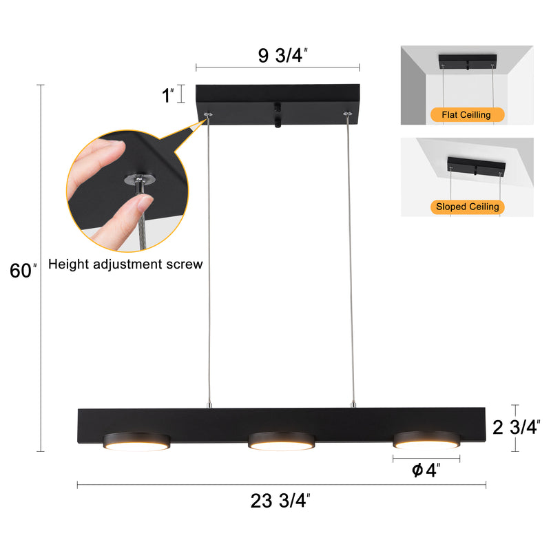 3-Light Black Modern Aluminum Dimmable LED Pendant Light with Acrylic Shade