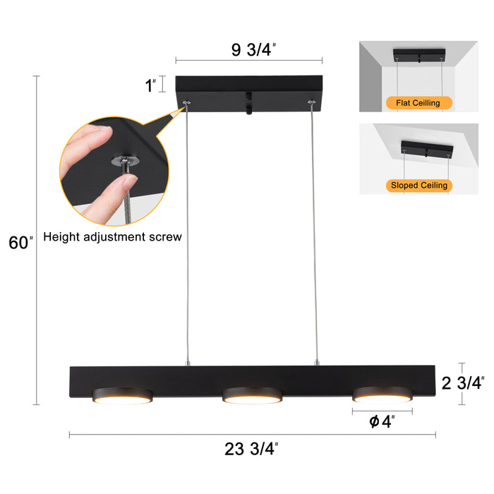 3-Light Black Modern Aluminum Dimmable LED Pendant Light with Acrylic Shade