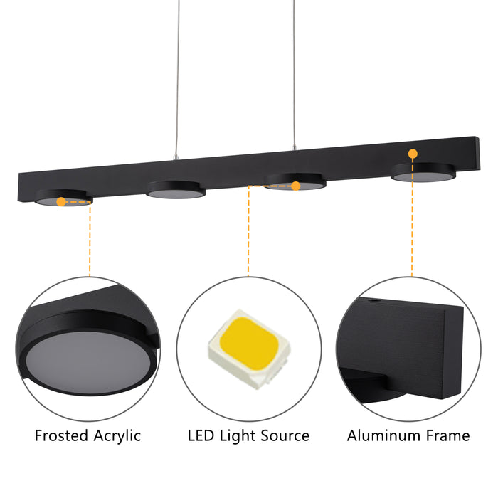 4-Light Black Modern Aluminum Dimmable LED Pendant Light with Acrylic Shade