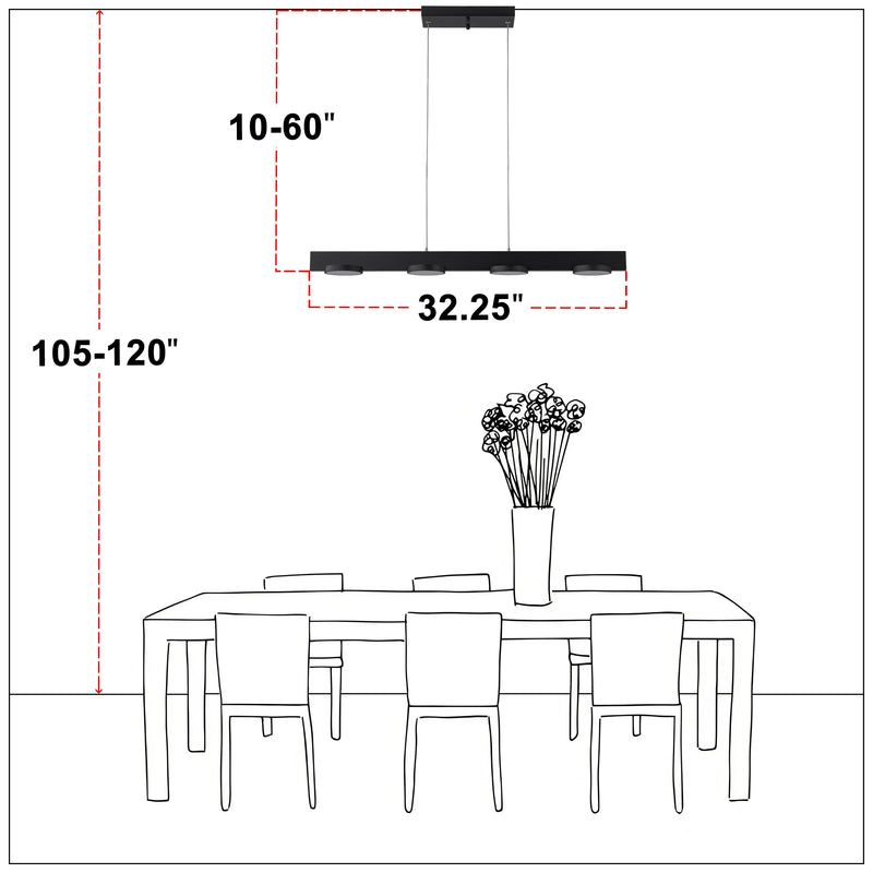 4-Light Black Modern Aluminum Dimmable LED Pendant Light with Acrylic Shade