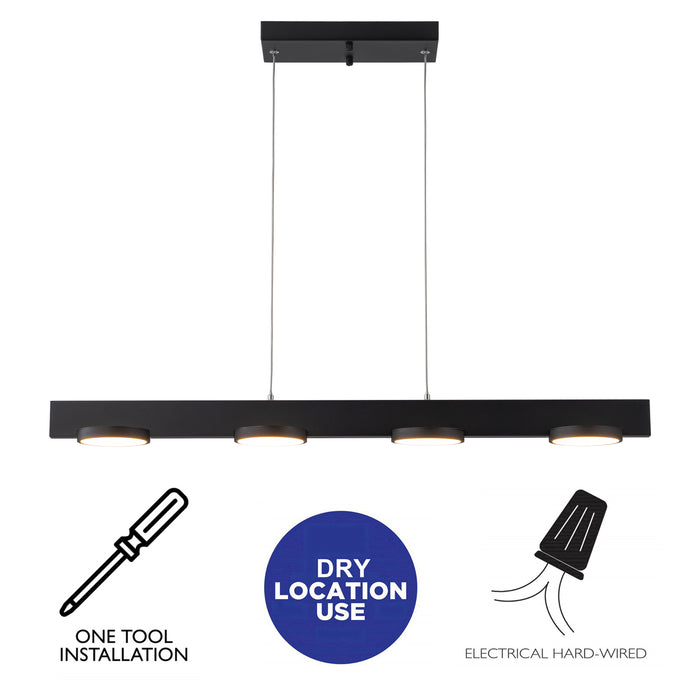 4-Light Black Modern Aluminum Dimmable LED Pendant Light with Acrylic Shade
