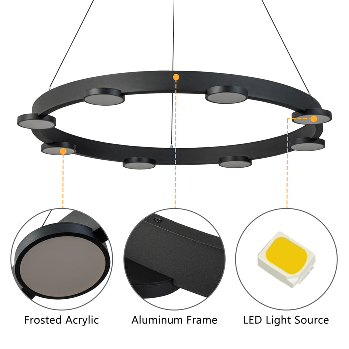 8-Light Modern Black Aluminum Dimmable LED Pendant Light Chandelier with Acrylic Shade