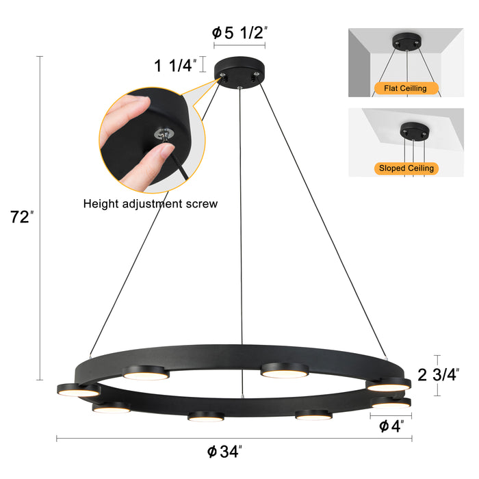 8-Light Modern Black Aluminum Dimmable LED Pendant Light Chandelier with Acrylic Shade