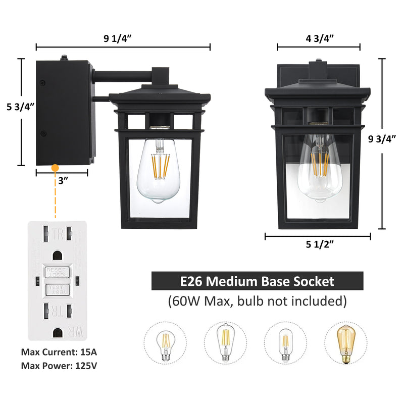 9.75” Matte Black Dusk to Dawn Outdoor Wall Lantern Sconce with Built-in GFCI Outlet