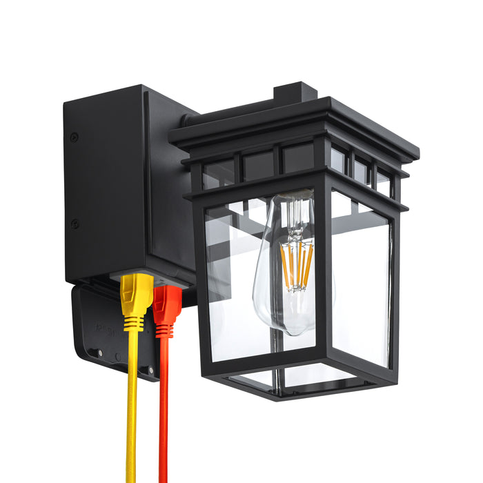 9.75” Matte Black Dusk to Dawn Outdoor Wall Lantern Sconce with Built-in GFCI Outlet