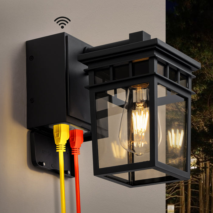 9.75” Matte Black Dusk to Dawn Outdoor Wall Lantern Sconce with Built-in GFCI Outlet