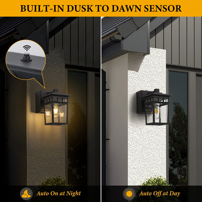 9.75” Matte Black Dusk to Dawn Outdoor Wall Lantern Sconce with Built-in GFCI Outlet