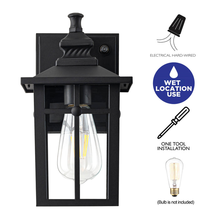 11in Matte Black Dusk to Dawn Outdoor Wall Lantern Sconce with GFCI Outlet