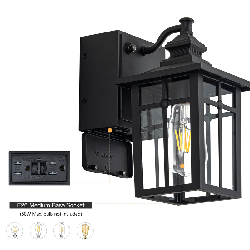 11in Matte Black Dusk to Dawn Outdoor Wall Lantern Sconce with GFCI Outlet