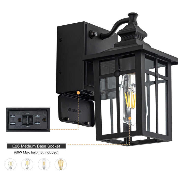 11in Matte Black Dusk to Dawn Outdoor Wall Lantern Sconce with GFCI Outlet