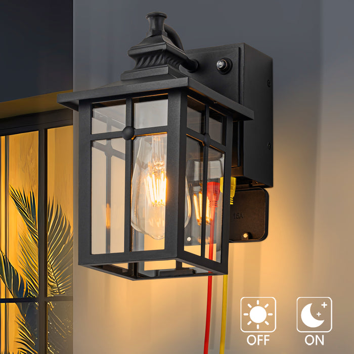 11in Matte Black Dusk to Dawn Outdoor Wall Lantern Sconce with GFCI Outlet