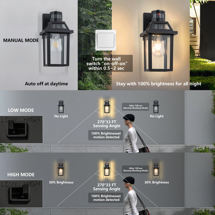 11.75in Matte Black Motion Sensor Outdoor Wall Sconce,Dusk to Dawn Porch Light with E26 Base Socket