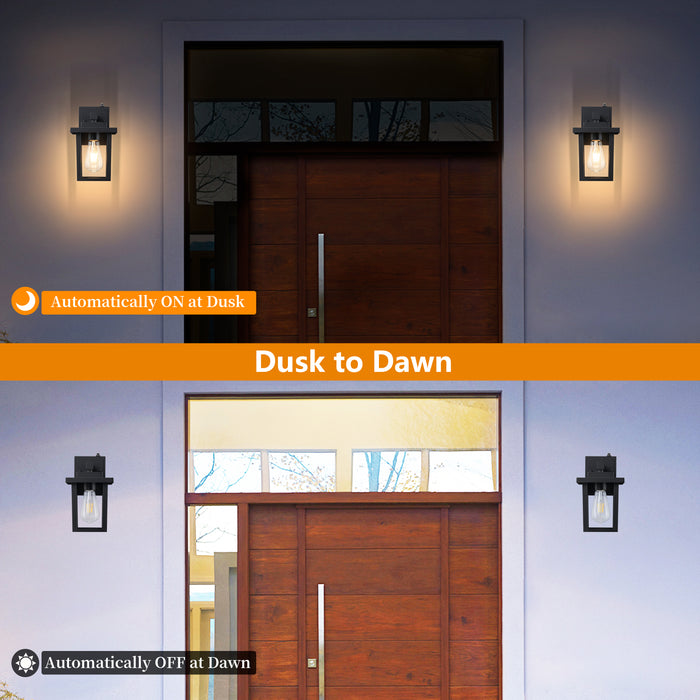 2 Pack Matte Black Dusk to Dawn Outdoor Wall Lights with Clear Glass Shade
