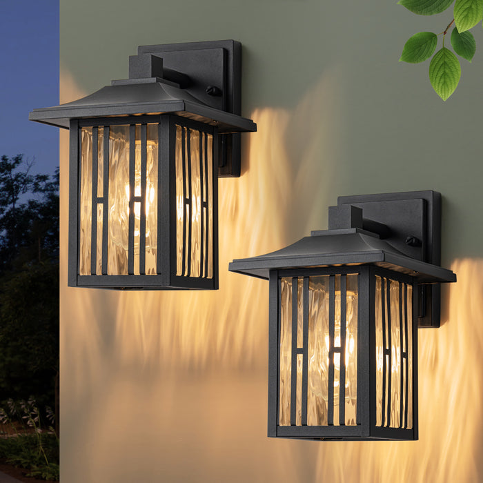 10 in. Powder-coated Black Outdoor Wall Lantern Sconce with Clear Water Glass