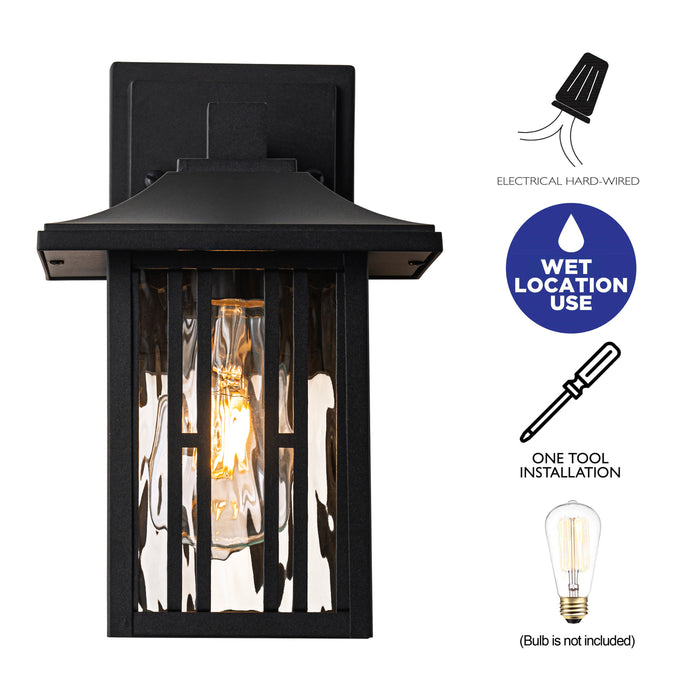 10 in. Powder-coated Black Outdoor Wall Lantern Sconce with Clear Water Glass