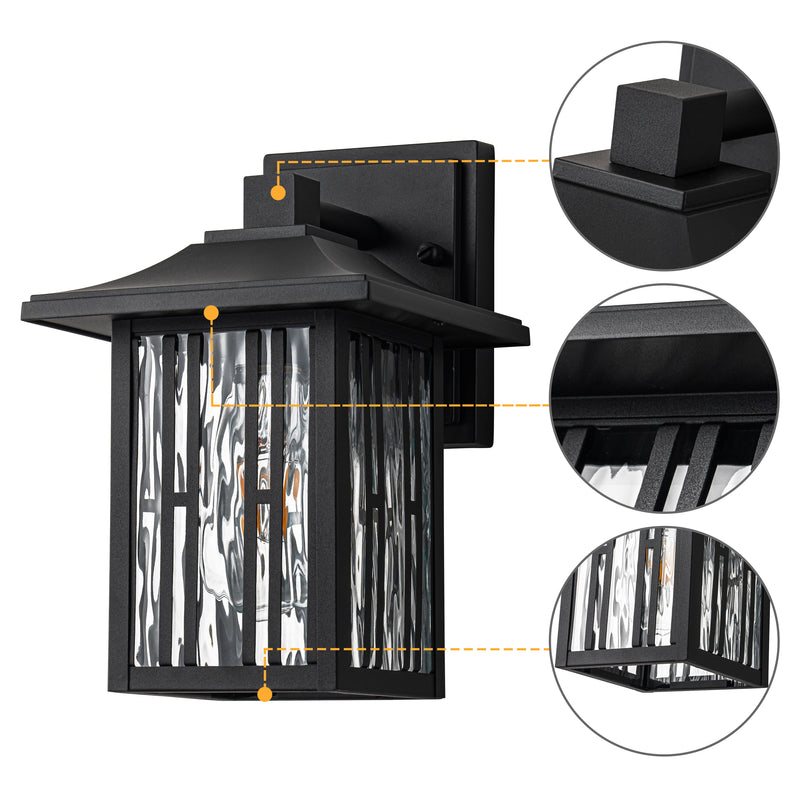 10 in. Powder-coated Black Outdoor Wall Lantern Sconce with Clear Water Glass