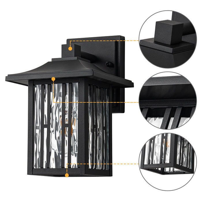 10 in. Powder-coated Black Outdoor Wall Lantern Sconce with Clear Water Glass
