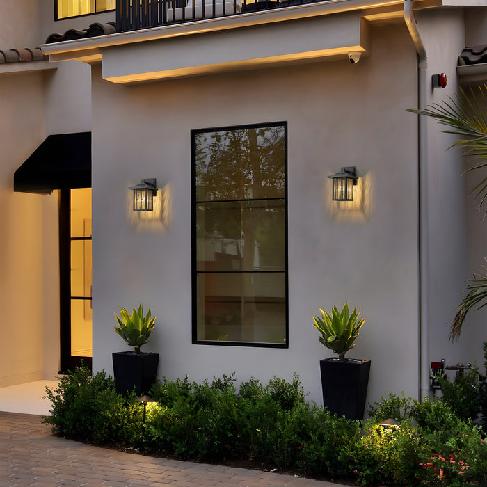 10 in. Powder-coated Black Outdoor Wall Lantern Sconce with Clear Water Glass