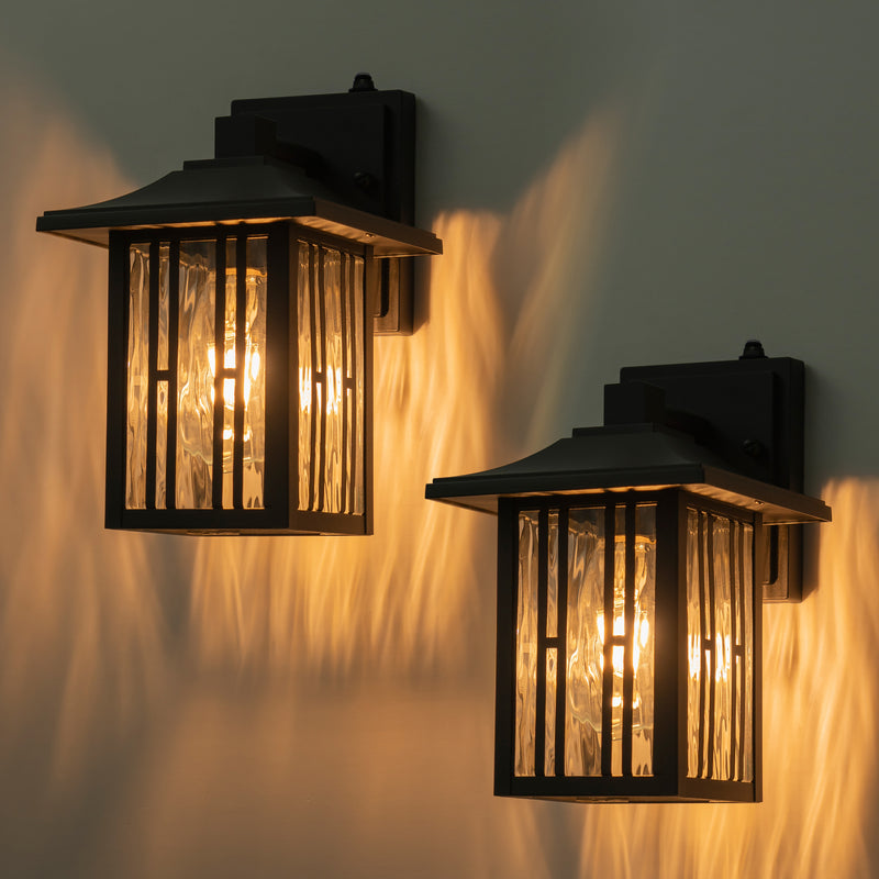 2-Pack Matte Black Dusk to Dawn Outdoor Wall Lantern with Clear Water Glass