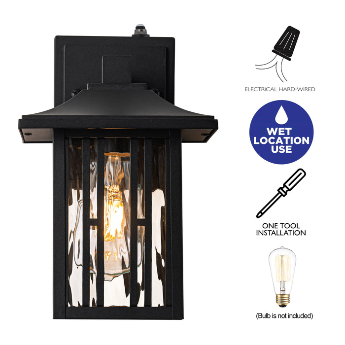 10 in. Powder-coated Black Dusk to Dawn Outdoor Wall Lantern Sconce with Clear Water Glass