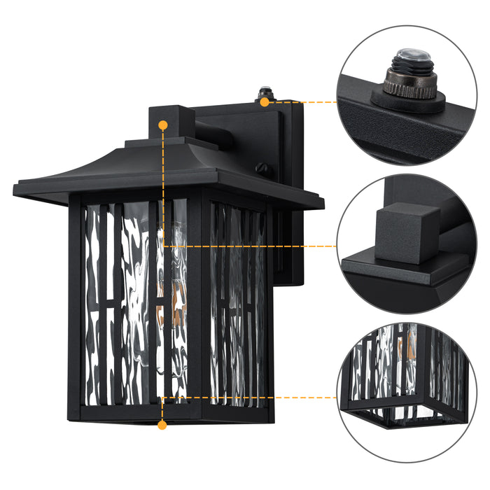 10 in. Powder-coated Black Dusk to Dawn Outdoor Wall Lantern Sconce with Clear Water Glass