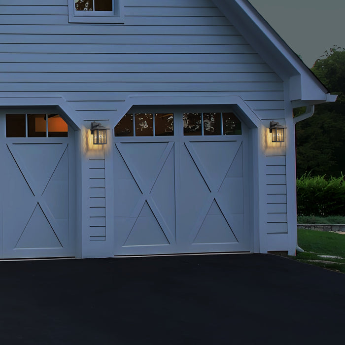 10 in. Powder-coated Black Dusk to Dawn Outdoor Wall Lantern Sconce with Clear Water Glass