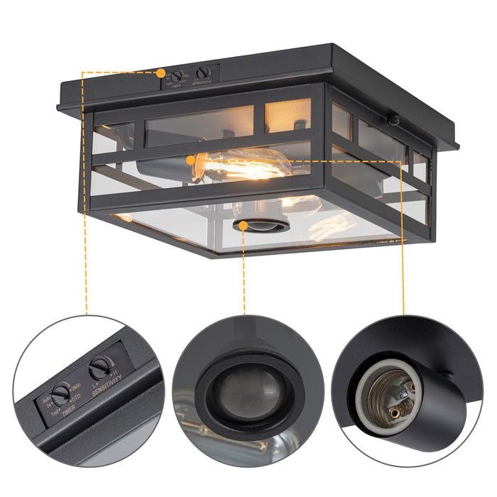 2-Light Motion Sensor Dusk to Dawn Outdoor Flush Mount Ceiling Light with Clear Glass Shade (1-Pack)