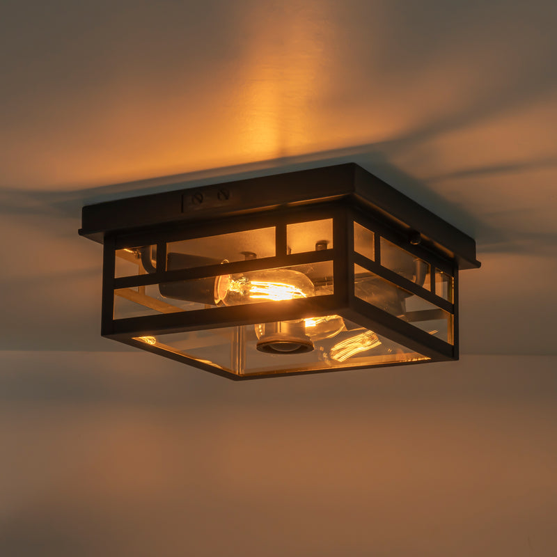 2-Light Motion Sensor Dusk to Dawn Outdoor Flush Mount Ceiling Light with Clear Glass Shade (1-Pack)