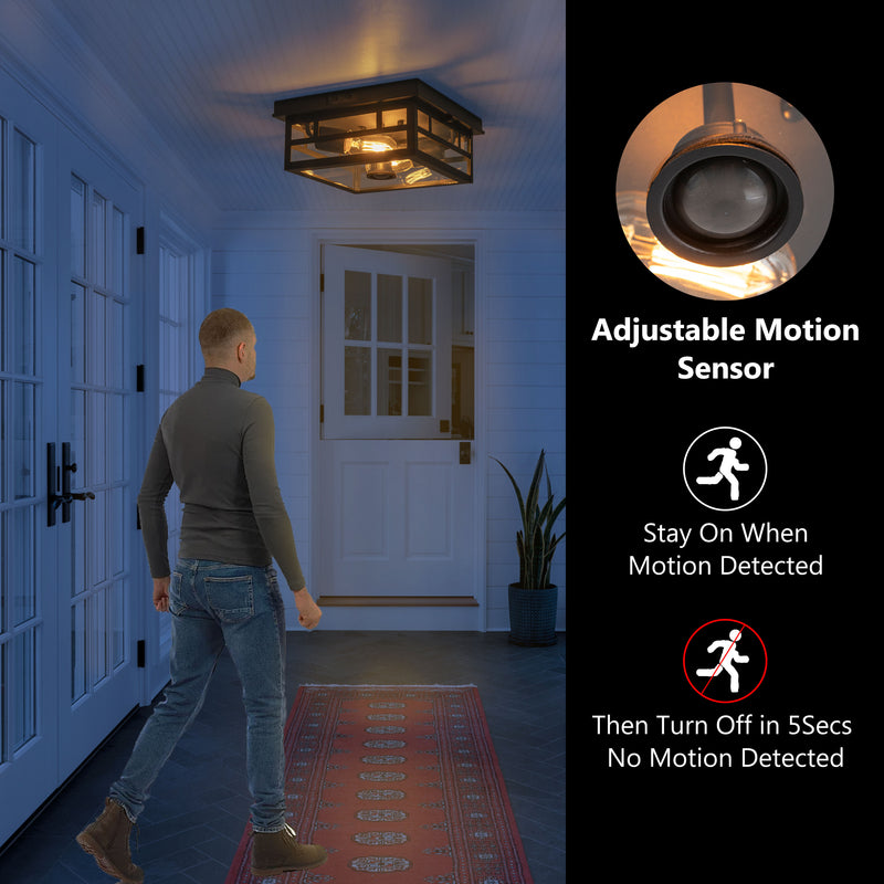 2-Light Motion Sensor Dusk to Dawn Outdoor Flush Mount Ceiling Light with Clear Glass Shade (1-Pack)
