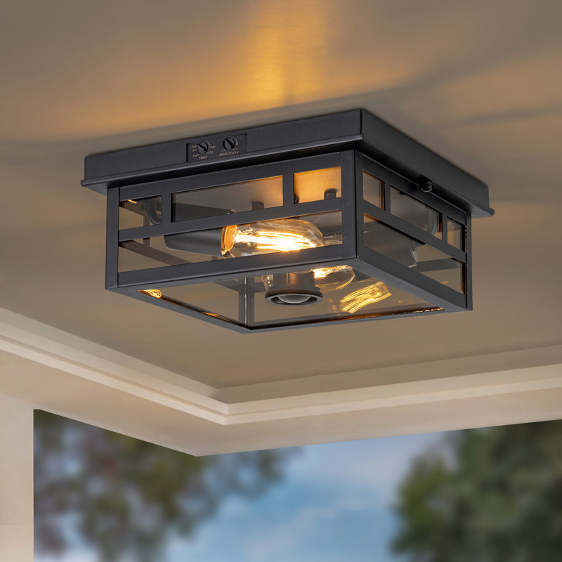 2-Light Motion Sensor Dusk to Dawn Outdoor Flush Mount Ceiling Light with Clear Glass Shade (1-Pack)