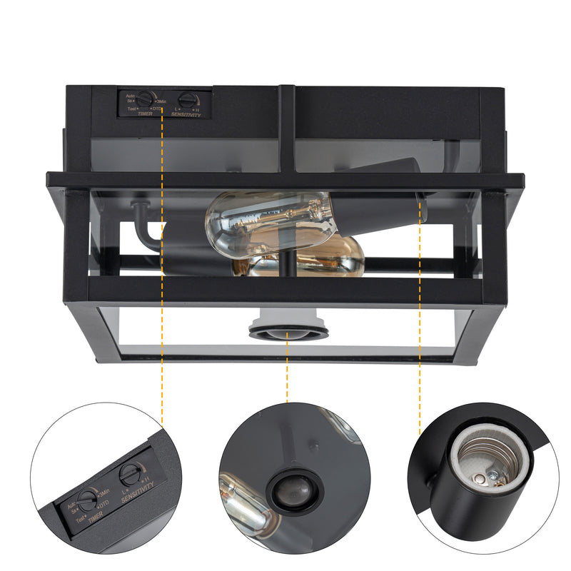 2-Light Black Motion Sensing Dusk to Dawn Outdoor Flush Mount Ceiling Light