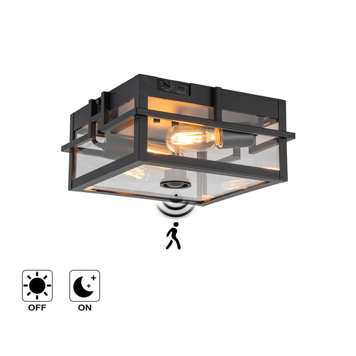 2-Light Black Motion Sensing Dusk to Dawn Outdoor Flush Mount Ceiling Light