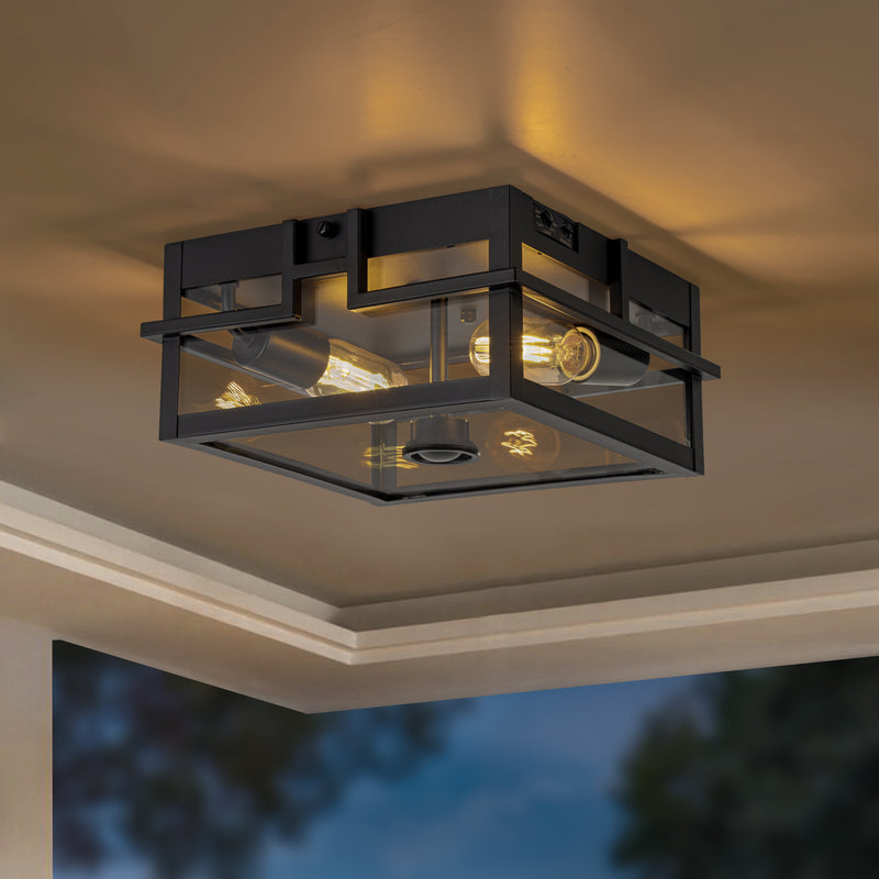 2-Light Black Motion Sensing Dusk to Dawn Outdoor Flush Mount Ceiling Light