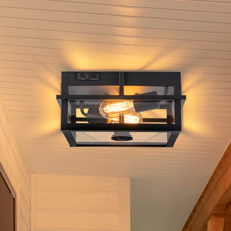 2-Light Black Motion Sensing Dusk to Dawn Outdoor Flush Mount Ceiling Light