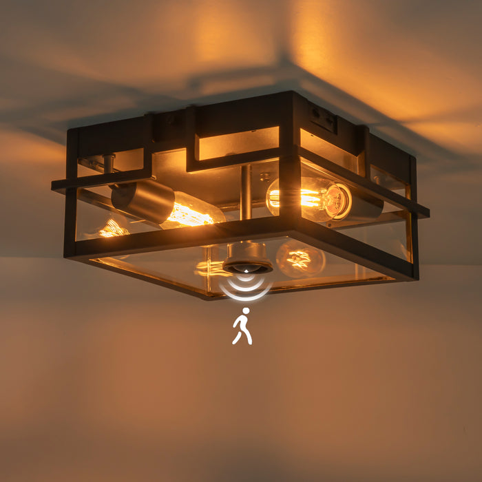 2-Light Black Motion Sensing Dusk to Dawn Outdoor Flush Mount Ceiling Light