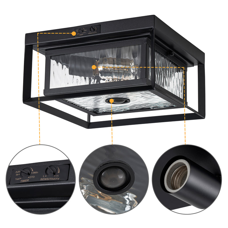 2-Light Motion Sensor Dusk to Dawn Outdoor Flush Mount Ceiling Light with Clear Water Glass Shade (1-Pack)