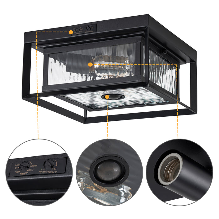 2-Light Motion Sensor Dusk to Dawn Outdoor Flush Mount Ceiling Light with Clear Water Glass Shade (1-Pack)