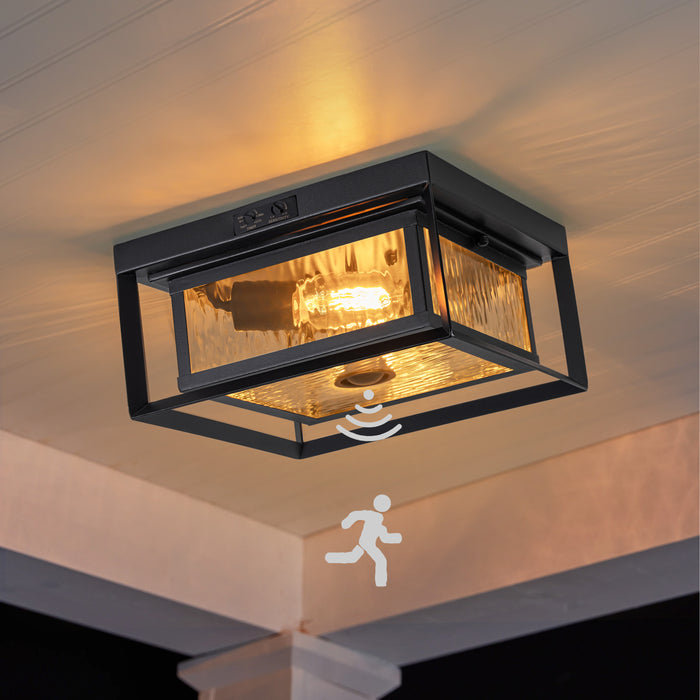 2-Light Motion Sensor Dusk to Dawn Outdoor Flush Mount Ceiling Light with Clear Water Glass Shade (1-Pack)