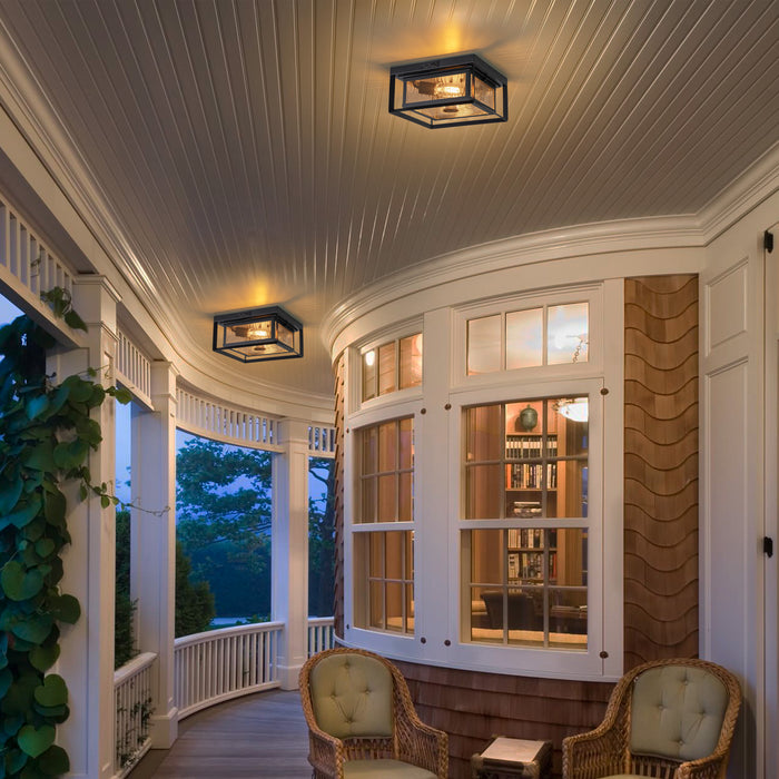 2-Light Motion Sensor Dusk to Dawn Outdoor Flush Mount Ceiling Light with Clear Water Glass Shade (1-Pack)
