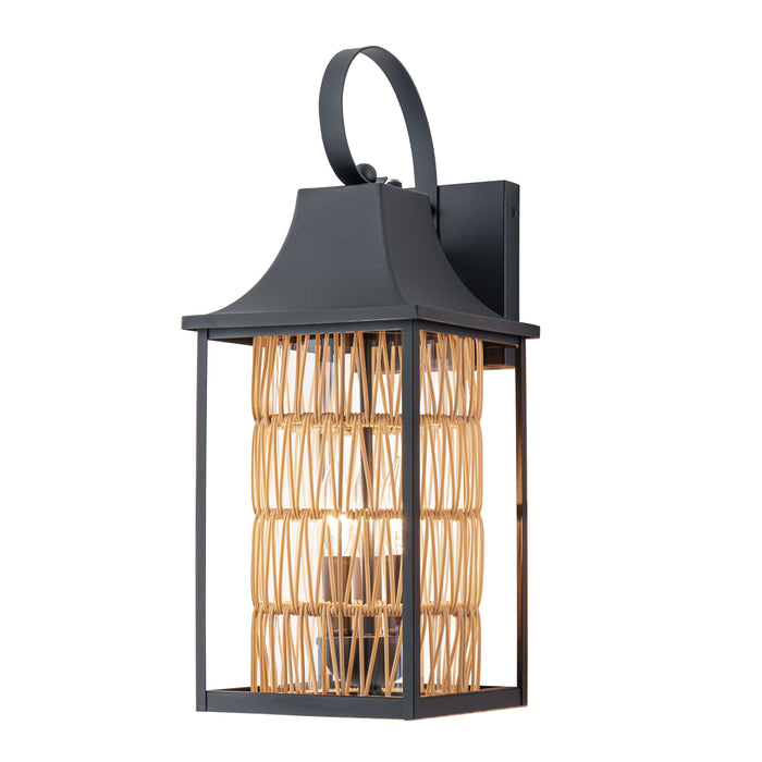 24.75in 3-Light Modern Farmhouse Dusk-to-Dawn Outdoor Wall Lantern with Hand-woven Rattan Shade