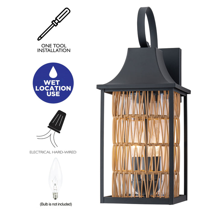 24.75in 3-Light Modern Farmhouse Dusk-to-Dawn Outdoor Wall Lantern with Hand-woven Rattan Shade