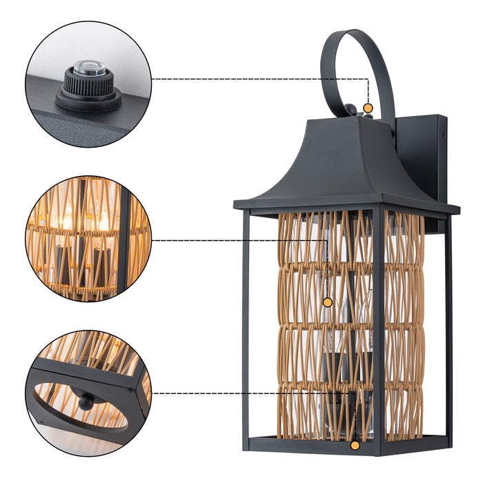 24.75in 3-Light Modern Farmhouse Dusk-to-Dawn Outdoor Wall Lantern with Hand-woven Rattan Shade
