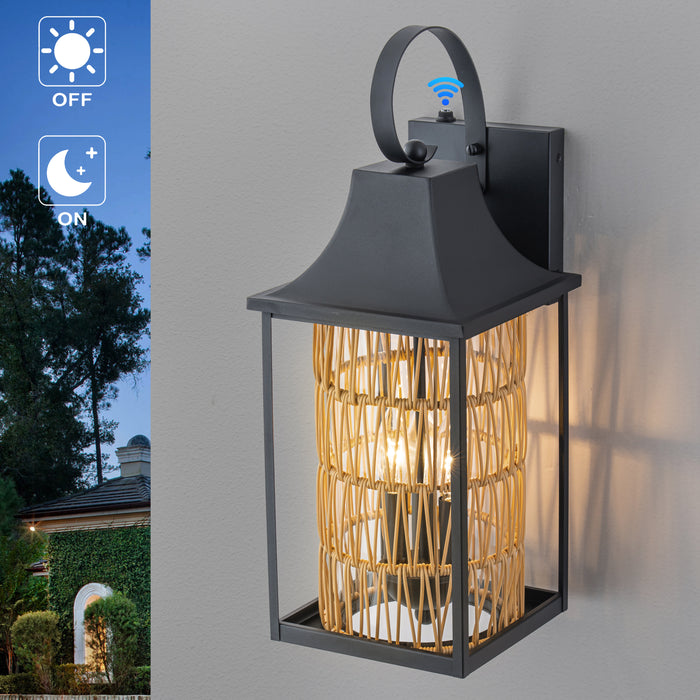 24.75in 3-Light Modern Farmhouse Dusk-to-Dawn Outdoor Wall Lantern with Hand-woven Rattan Shade